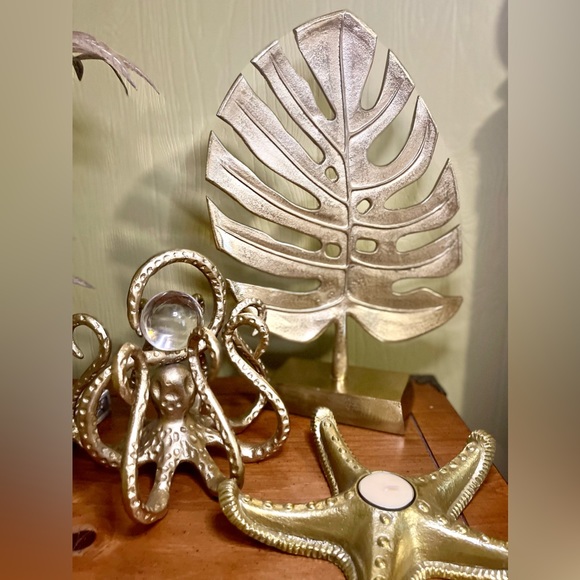 NEW LARGE Metal Brass Monstera Leaf Sculpture COASTAL NAUTICAL BEACH HOME DECOR - Picture 17 of 17